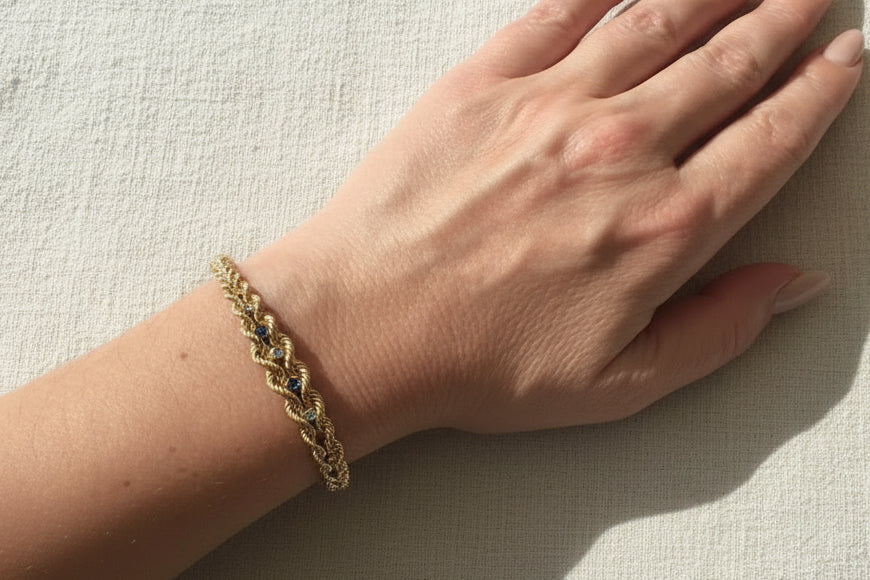 14K Gold, Diamond and Sapphire Graduated Rope Chain Bracelet
