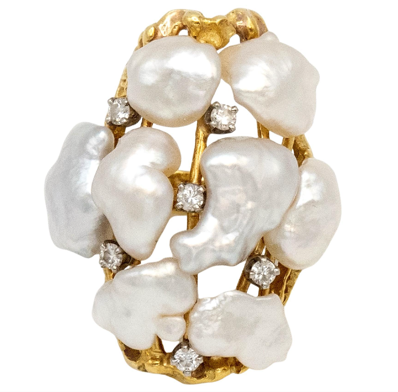 Signed Cellino 18K Gold, Diamond and Baroque Pearl Cocktail Ring