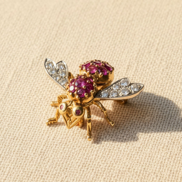 18K Gold, Ruby, and Diamond Bee Brooch ￼