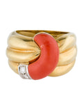 Signed Leo Pizzo 18K Gold, Coral and Diamond Cocktail Ring