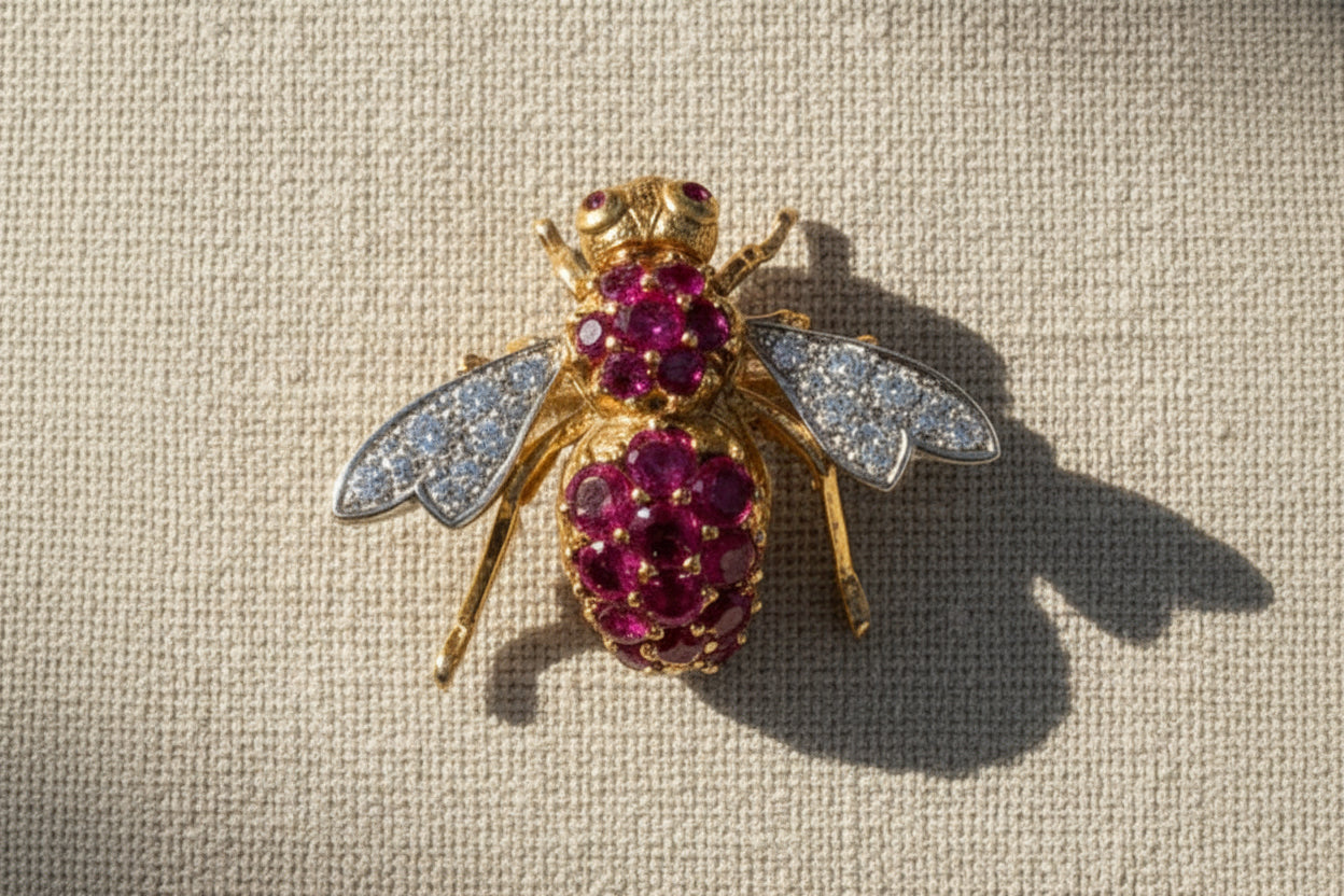 18K Gold, Ruby, and Diamond Bee Brooch ￼