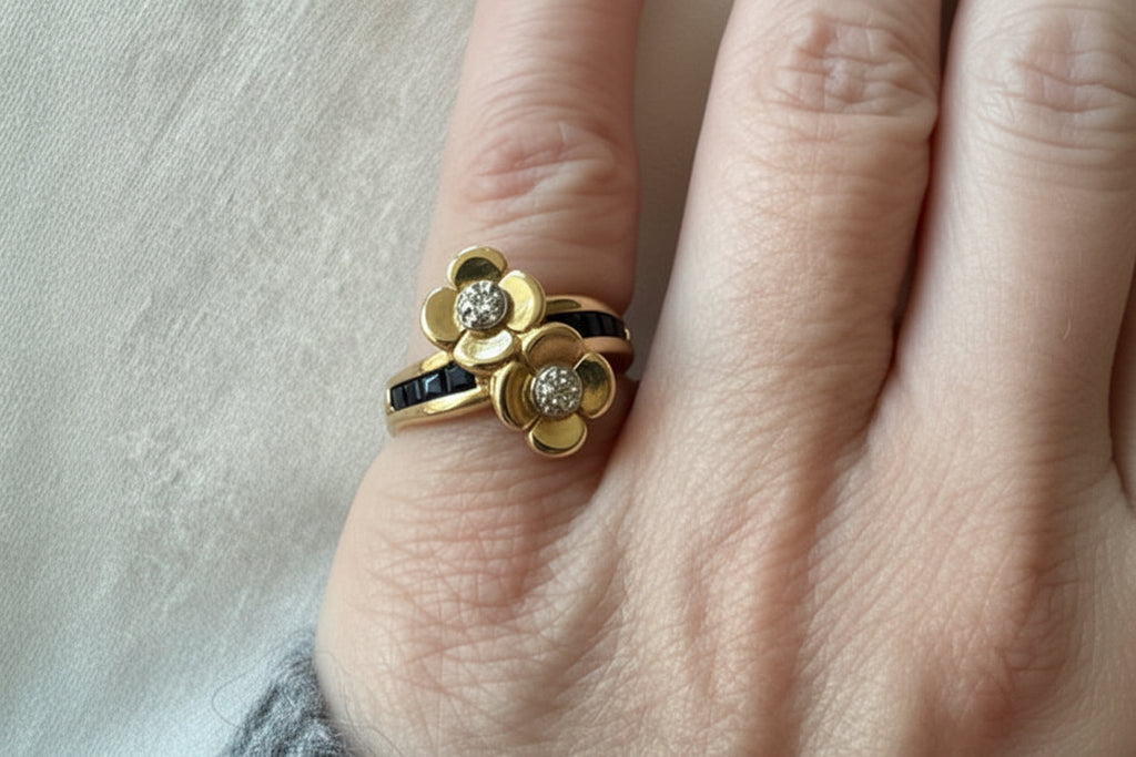 18K Gold, Diamond and Sapphire Double Floral Cocktail Ring