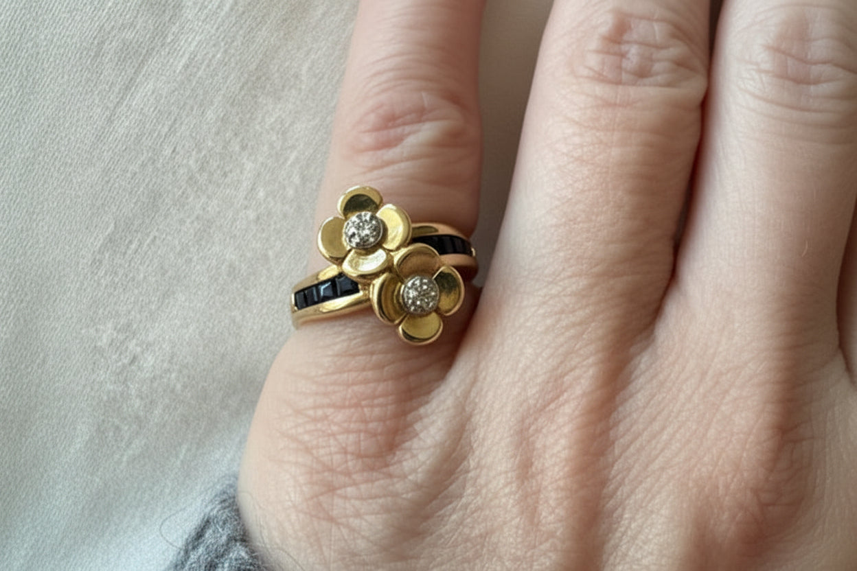 18K Gold, Diamond and Sapphire Double Floral Cocktail Ring