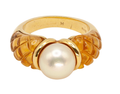 Signed Fred Paris 18K Gold and Carved Citrine Pearl Ring