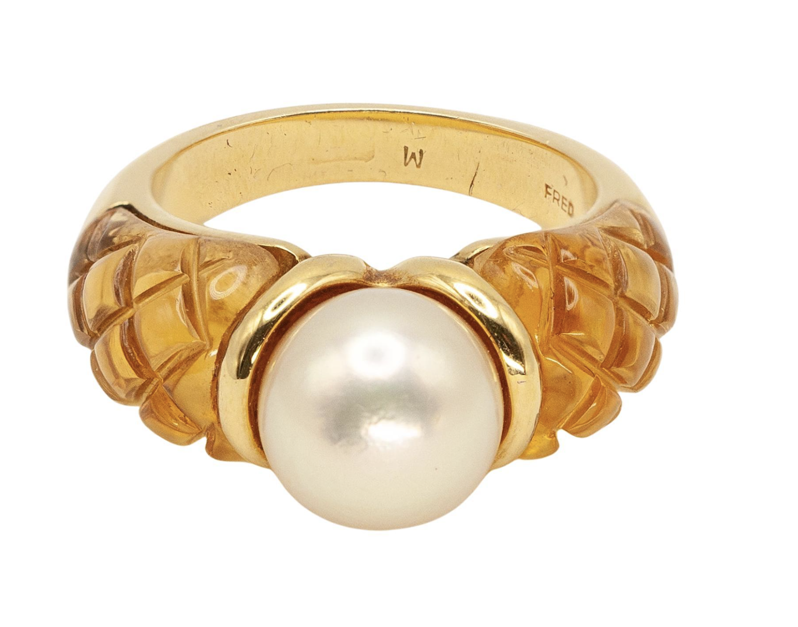 Signed Fred Paris 18K Gold and Carved Citrine Pearl Ring