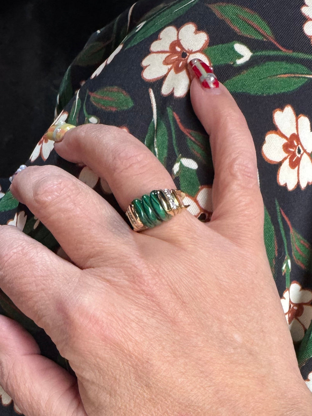 14K Gold, Malachite and Diamond Sculptural Cocktail Ring