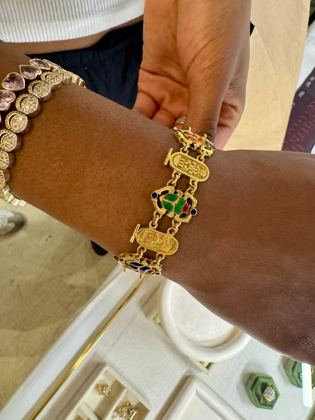 18K Gold & Enamel Egyptian Revival Scarab Bracelet