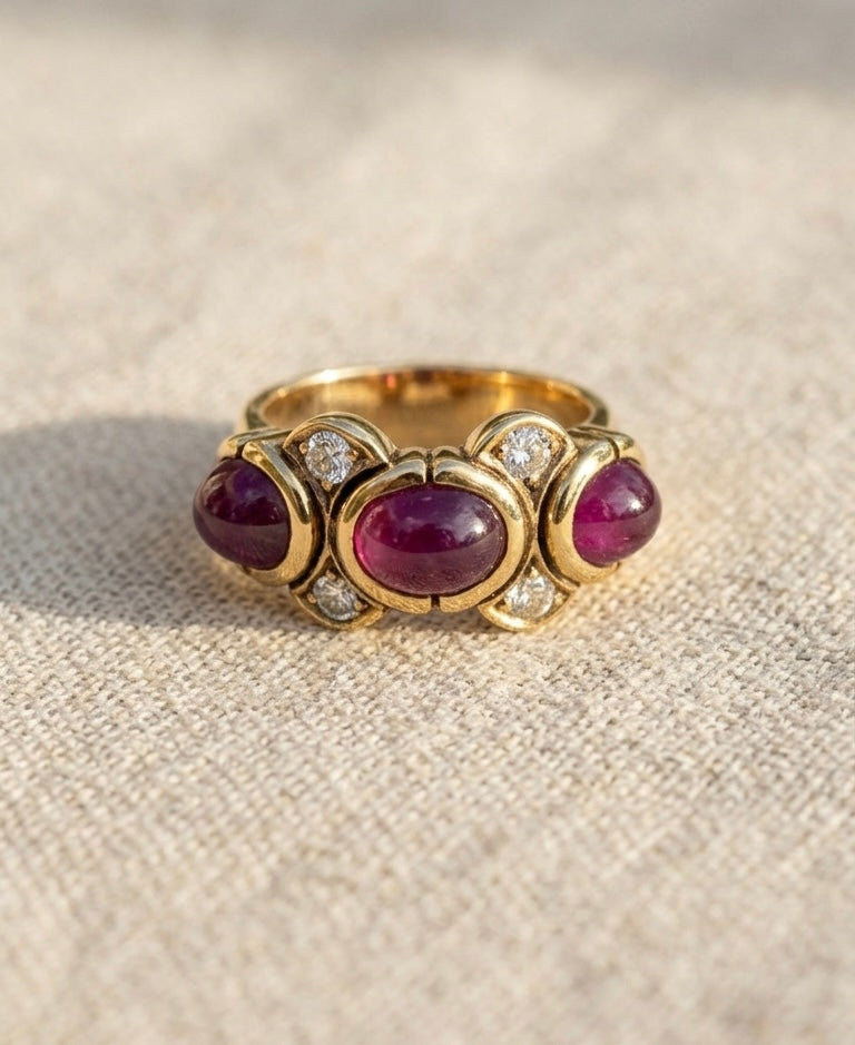 14K Gold, Cabochon Ruby, and Diamond Ring