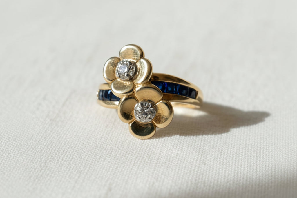 18K Gold, Diamond and Sapphire Double Floral Cocktail Ring