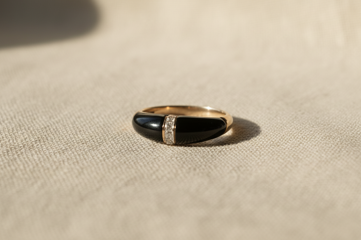14K Gold and Onyx Inlay Ring with Pave Diamonds