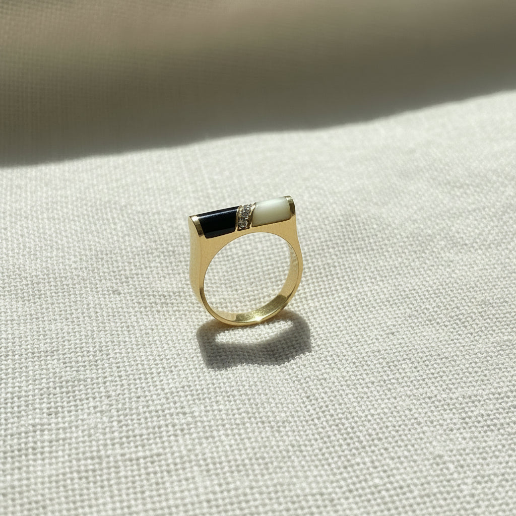 14K Gold Black and White Inlay Ring with Diamonds