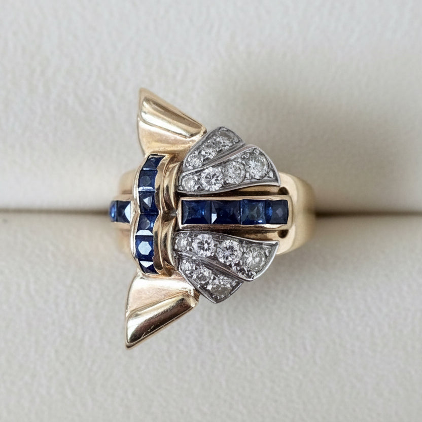 18K Gold, Diamond and Sapphire Tank Ring