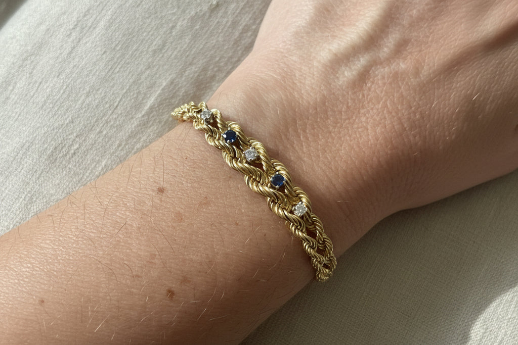 14K Gold, Diamond and Sapphire Graduated Rope Chain Bracelet
