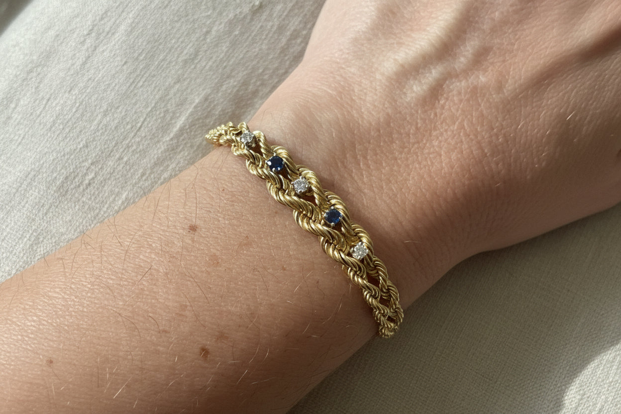 14K Gold, Diamond and Sapphire Graduated Rope Chain Bracelet