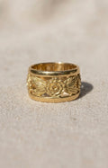18K Yellow Gold Repoussé Floral Wide Band Ring