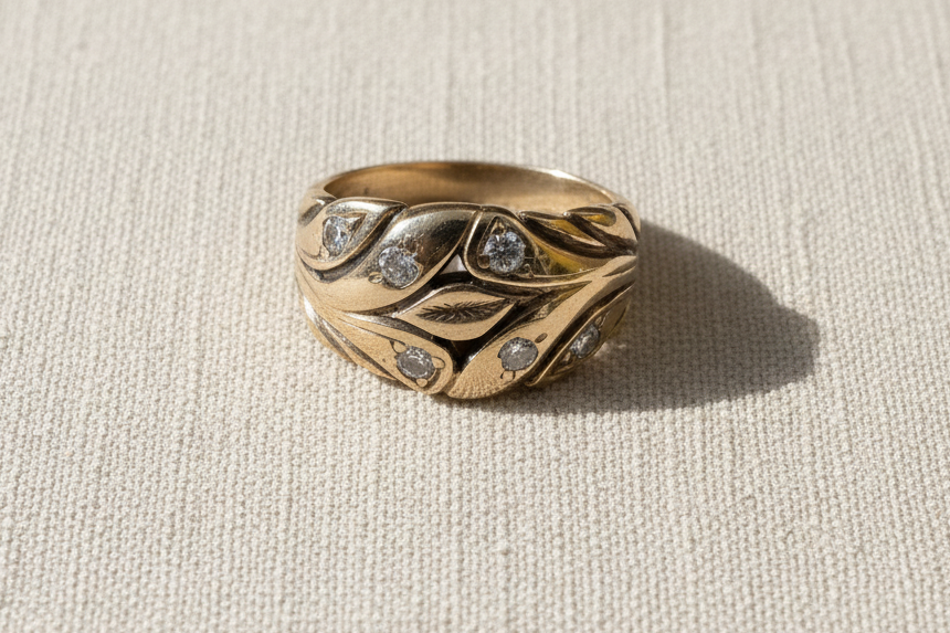 14K Gold and Diamond Laurel Motif Stacking Ring