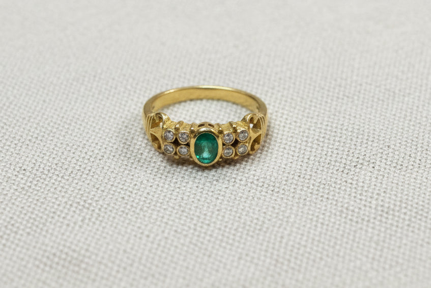 18K Gold, Emerald and Diamond Byzantine/Medieval Revival Band