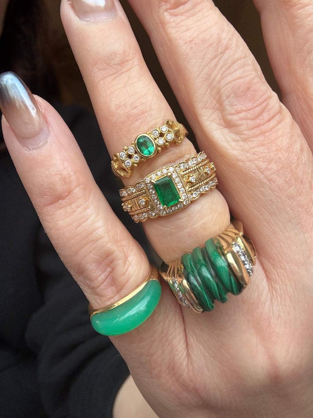 14K Gold, Malachite and Diamond Sculptural Cocktail Ring