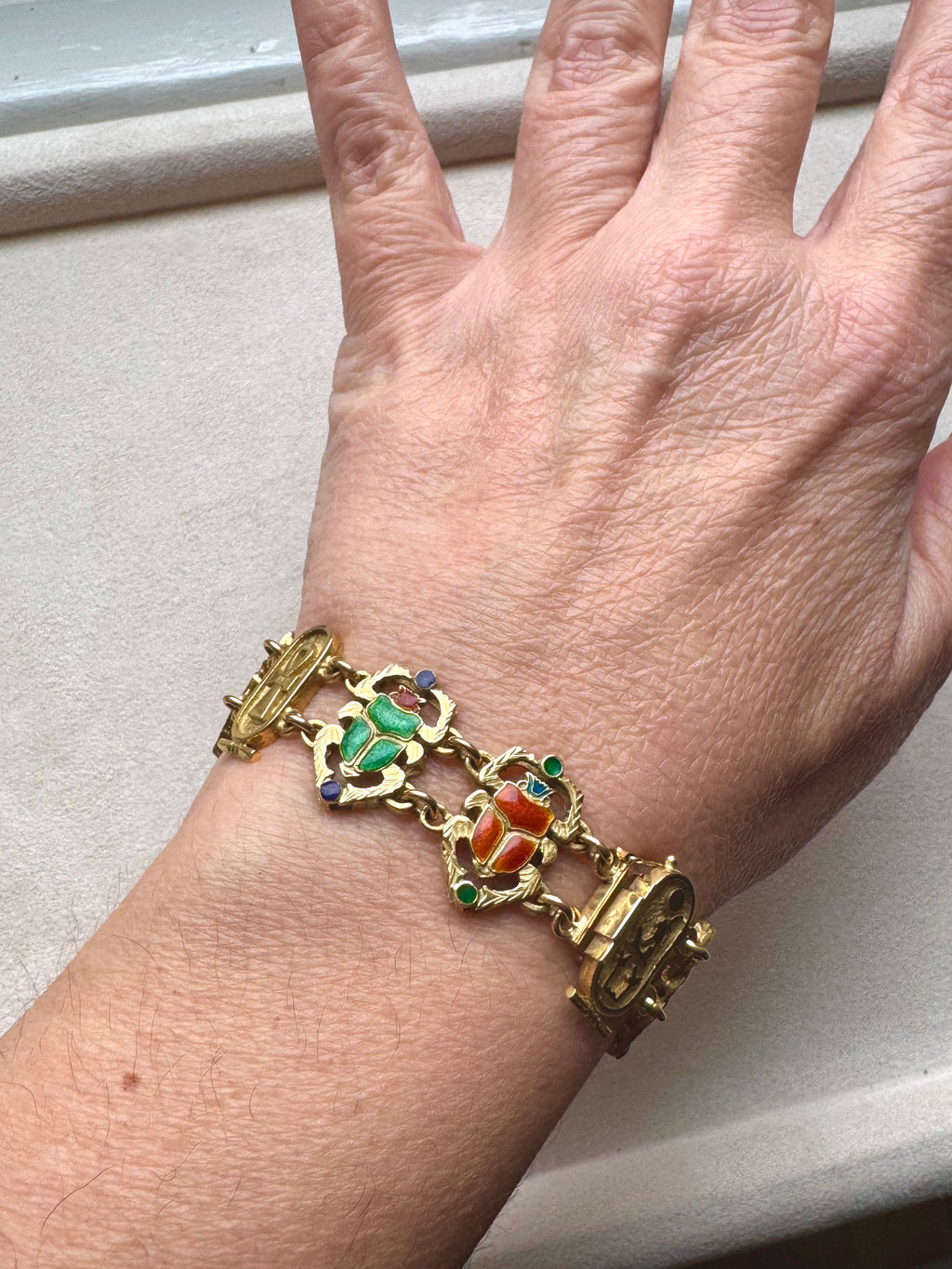 18K Gold & Enamel Egyptian Revival Scarab Bracelet