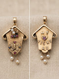 14k Gold Articulated Cuckoo Clock Charm with Seed Pearl, Ruby and Sapphire Accents