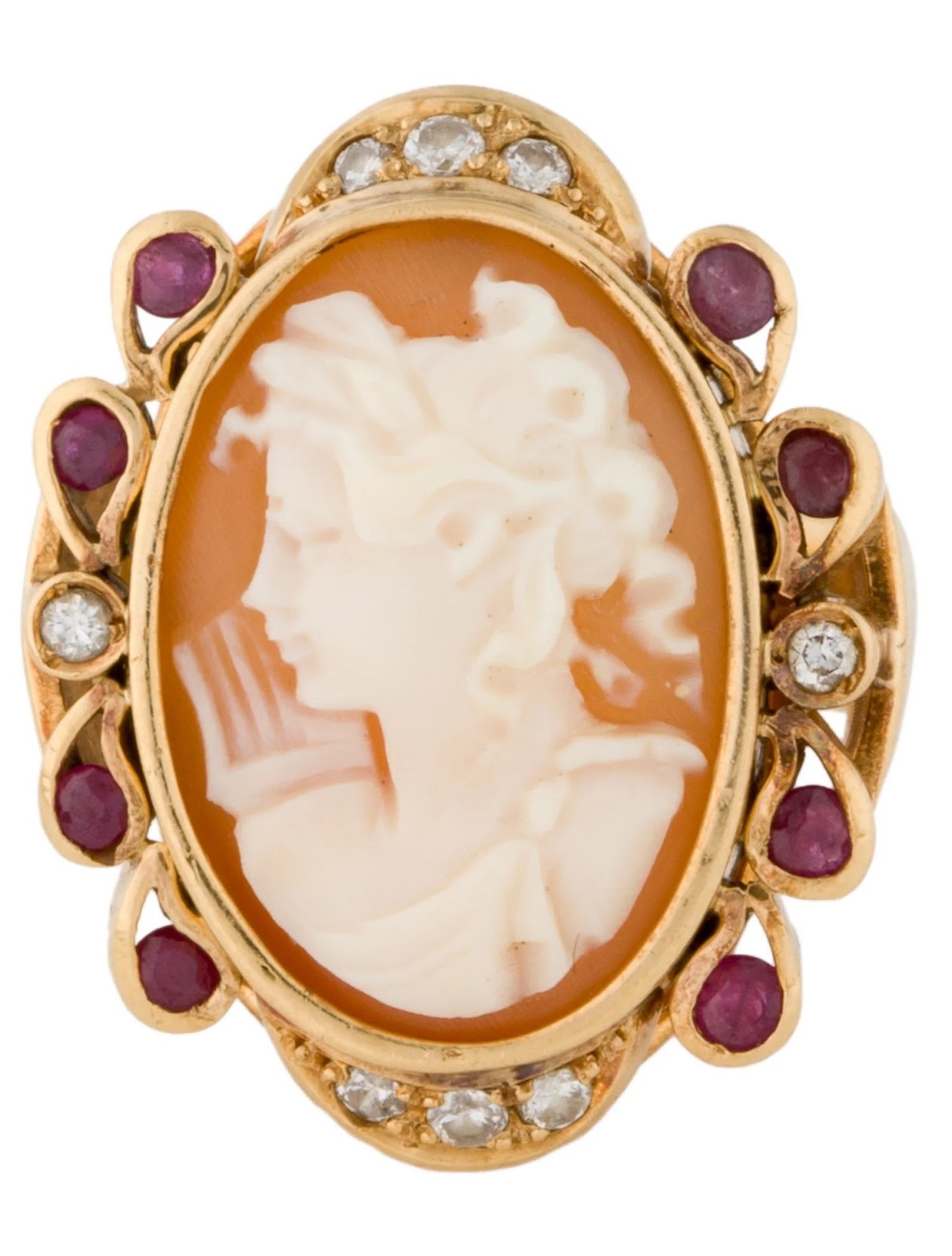 18K Gold Cameo, Ruby and Diamond Cocktail Ring