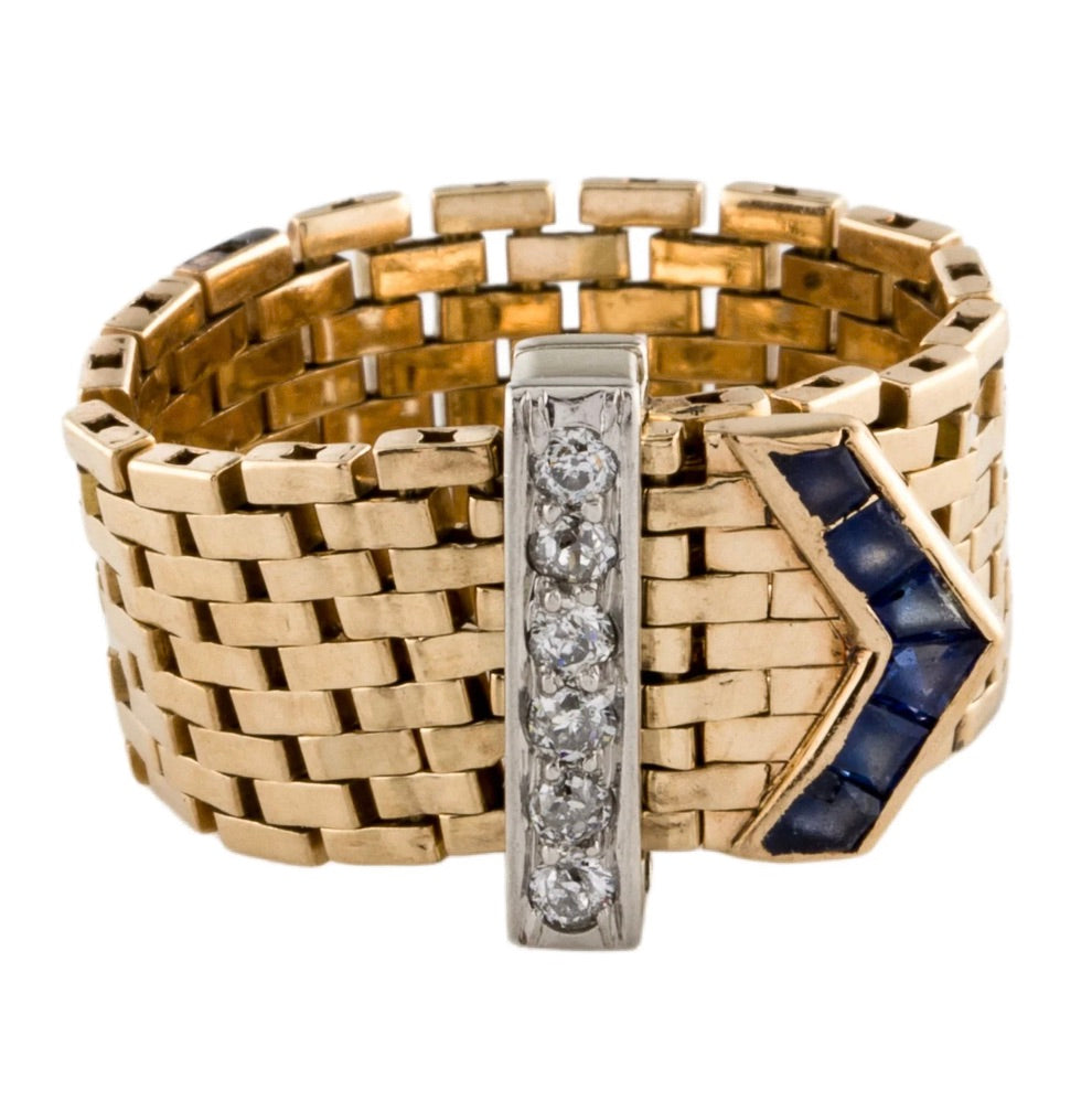 14K Gold, Sapphire & Diamond Adjustable Belt Ring