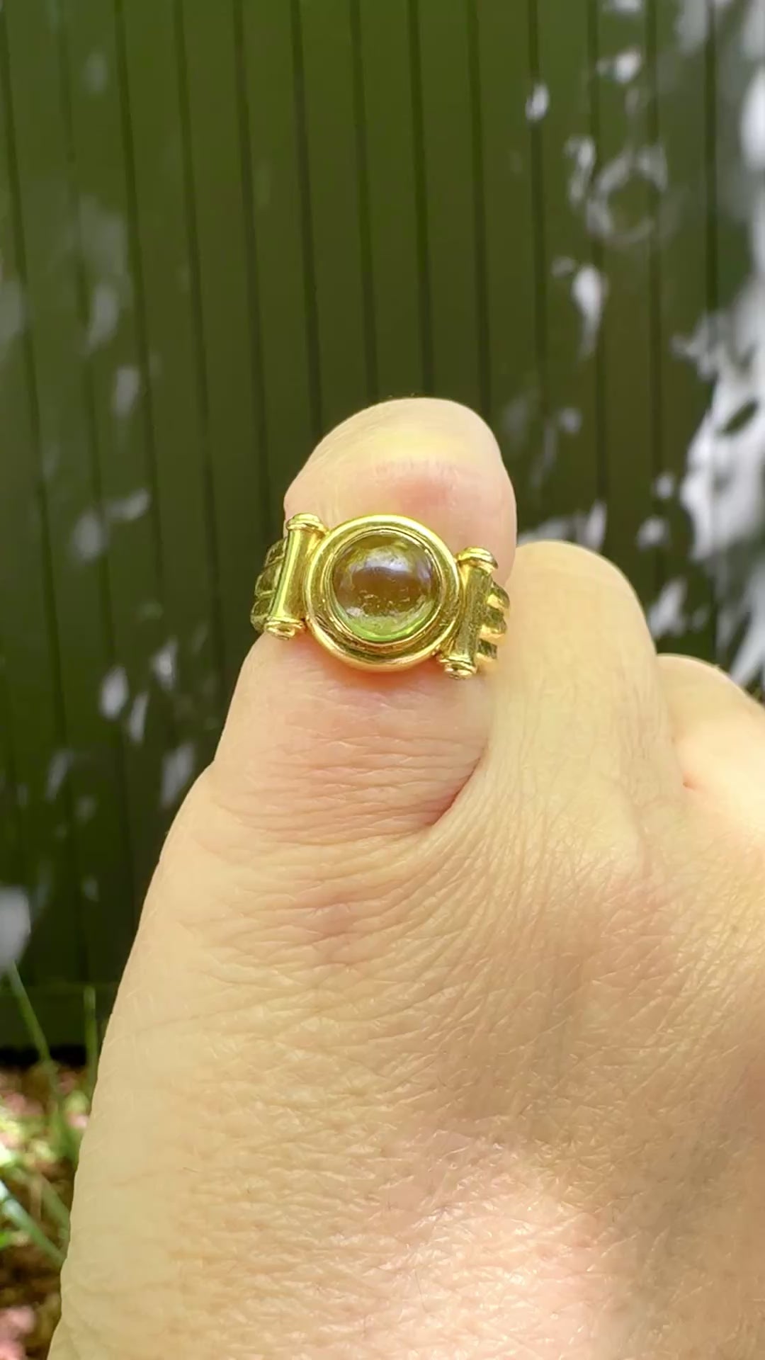 Signed 18K Chopard Peridot Ring with 4 Accent Diamonds